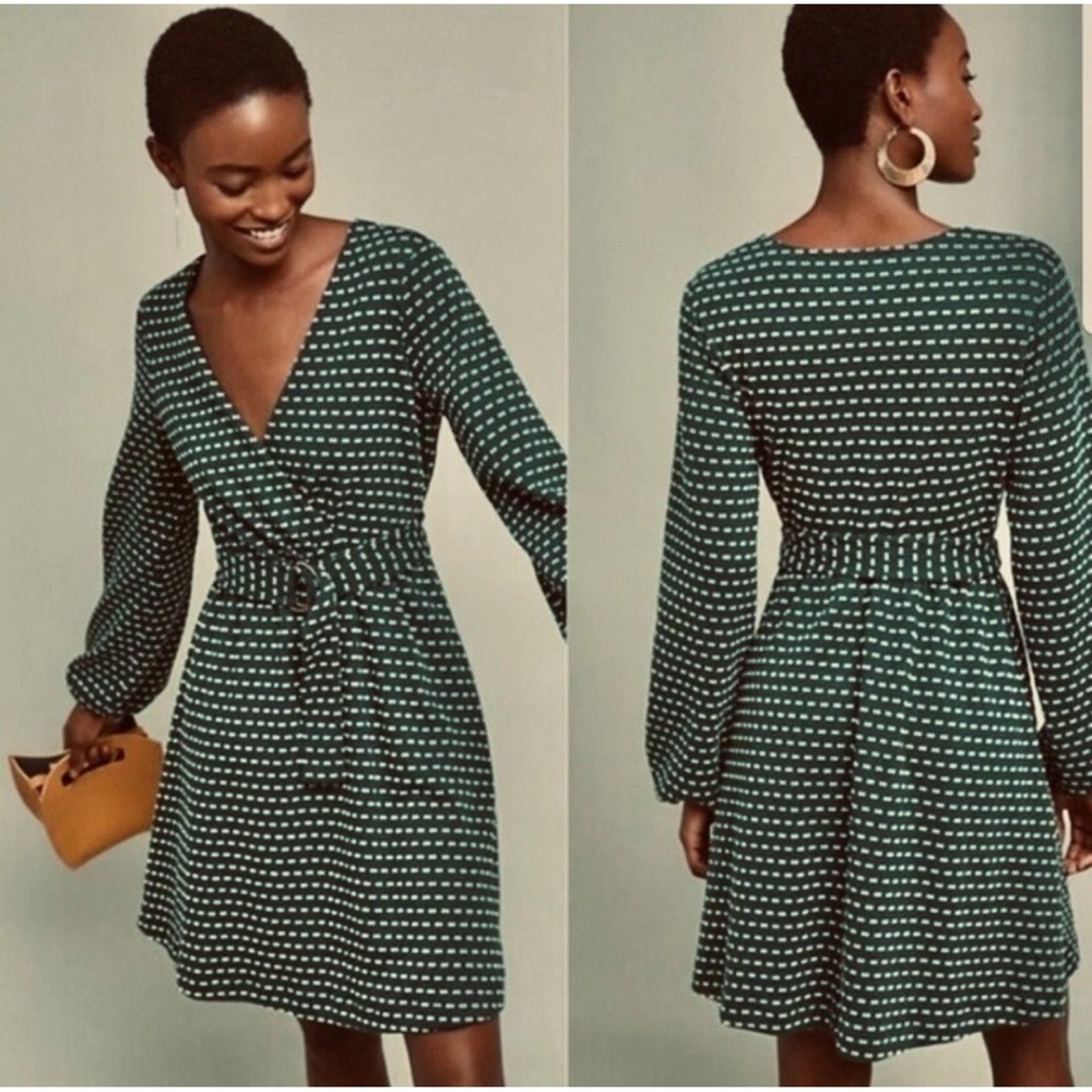 Anthropologie Maeve Malta  Green Fit and Flare Dress with Bishop Sleeves